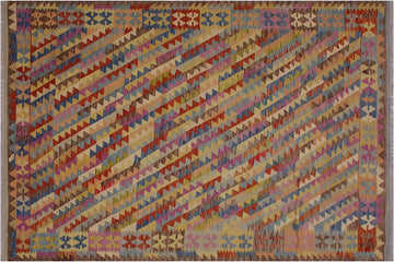 Flat Weave Kilim, Antique, Navaho, Vintage, Handmade, Modern Kilim Brown Blue Hand-Woven Rectangle 100% Wool Area Rug 7 x 10